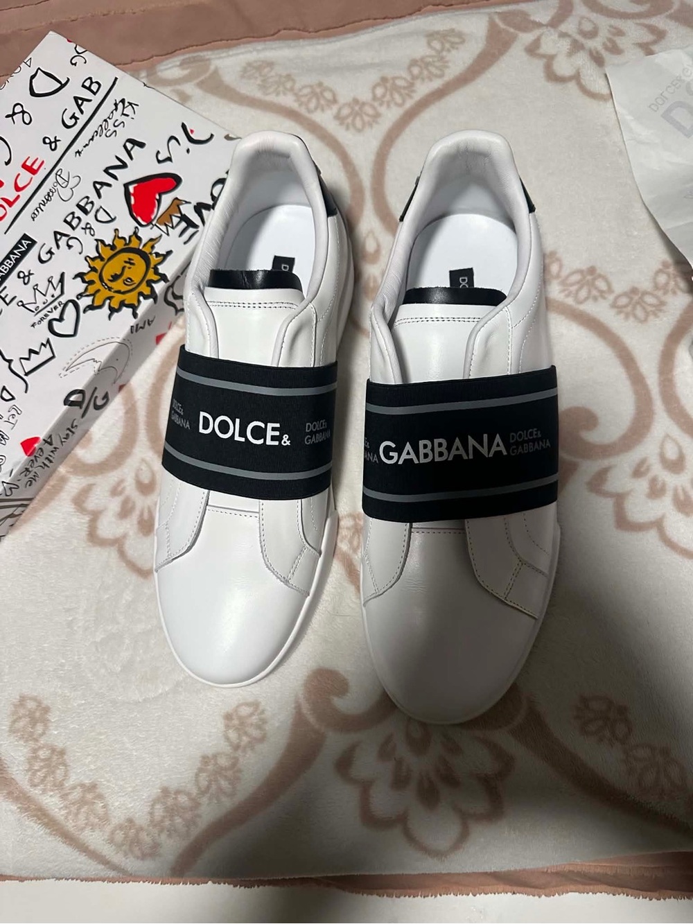 Dolce & Gabbana White Leather Sneakers with Black Logo Strap